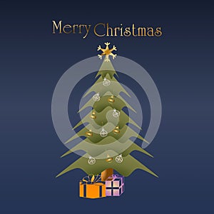 Merry Christmas greetings with tree in navy blue and gold