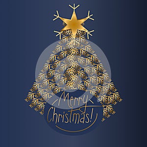 Merry Christmas greetings with tree in navy blue and gold