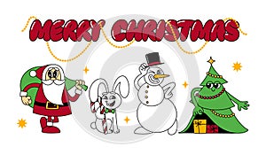 Merry Christmas Groovy Funny Characters. Santa Claus, Rabbit, Snowman and Funky Christmas Tree in Vector Comic Cartoon
