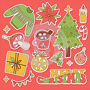 Merry Christmas groovy retro 70s sticker set of cute elements. Hippie holiday collection clip art in linear hand drawn