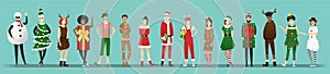 Merry Christmas , group of teens in Christmas costume concept isolated on blue background