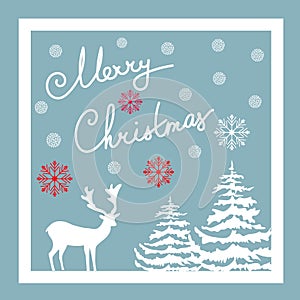 Merry Christmas Hand Calligraphic Lettering. Vector Greeting Card. White Deer Fir Trees Red Snow Flakes. Blue Background.