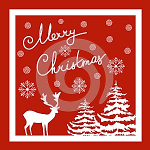 Merry Christmas Hand Calligraphic Lettering. Vector Greeting Card. White Deer Fir Trees Snow Flakes. Red Background.