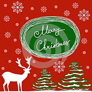 Merry Christmas Hand Calligraphic Lettering. Vector Greeting Card. White Deer Green Fir Trees Dusted with Snow Flakes. Red Backgro