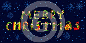 Merry Christmas hand drawing vector lettering. The letters silhouettes are drawn as Christmas elves