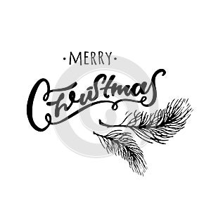 Merry Christmas hand drawn design. Black and white hand written. fir branches