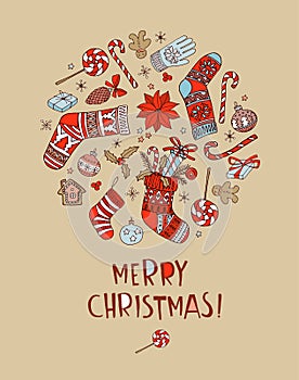 Merry Christmas Hand drawn doodle circle pattern greeting card