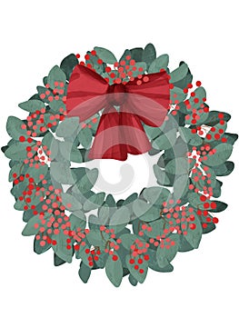 Merry Christmas hand-drawn leaves of the mistletoe, green holiday wreath with red bow decoration