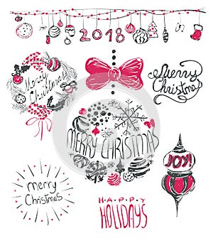 Merry Christmas hand drawn lettering set. Holidays design vector illustration.