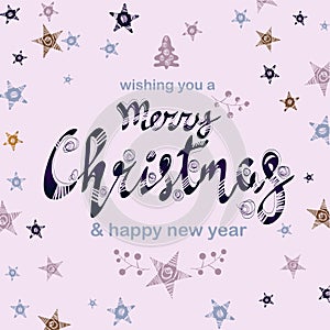 Merry Christmas hand drawn lettering. Xmas cursive calligraphy. Christmas lettering with golden stars. Banner, postcard