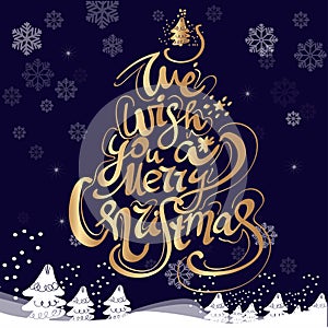 Merry Christmas hand drawn lettering. Xmas cursive calligraphy. Christmas lettering with golden stars. Banner, postcard
