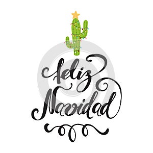 Merry Christmas hand drawn logo. Happy cactus photo