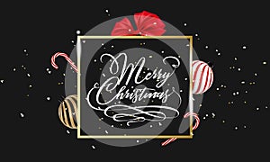 Merry Christmas hand lettering in gold with confetti, Christmas ball, ribbon bow and lollipop candy isolated on white