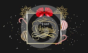 Merry Christmas hand lettering in gold with confetti. Christmas ball, ribbon bow and lollipop candy isolated on white