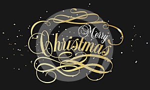 Merry Christmas hand lettering in gold with confetti isolated on white. Vector image. Merry christmas sign in a