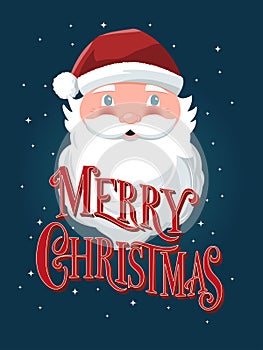 Merry Christmas hand lettering sign with hand drawn Santa Claus on dark blue background with stars. Colorful festive vector