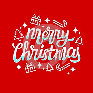 Merry Christmas Hand Lettering Vector Design With On Red Background