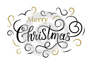 Merry Christmas. Handlettering with gold flourishes photo