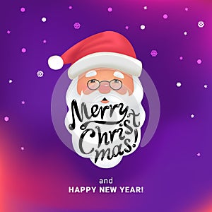 Merry Christmas handmade lettering on the Santa Claus white beard and red suit