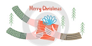 Merry Christmas. Hands hold the gift. Vector illustration