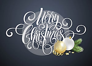 Merry Christmas handwriting script lettering. Greeting background with a Christmas tree and decorations. Vect