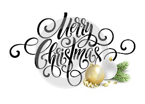 Merry Christmas handwriting script lettering. Greeting background with a Christmas tree and decorations. Vector