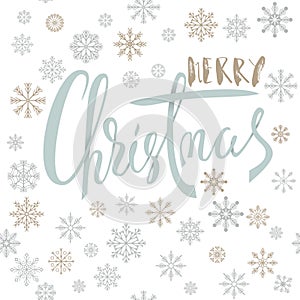 Merry Christmas handwritten lettering design with gold and silver snowflakes on white background. EPS10