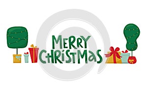 Merry Christmas handwritten lettering sign with Grinch tree and gift boxes. Vector stock illustration isolated on white