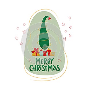 Merry Christmas handwritten lettering sign with Grinch tree and gift boxes. Vector stock illustration isolated on white