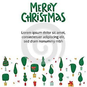 Merry Christmas handwritten lettering sign with Grinch tree and gift boxes. Vector stock illustration isolated on white