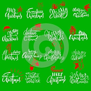 Merry Christmas handwritten lettering. Typographic emblems set. Vector logo, text design. Usable for banners, greeting