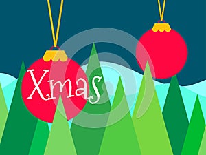 Merry Christmas. Hanging christmas ball with fir trees banner. Christmas tree decoration. Xmas design for greeting card,
