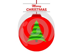 Merry Christmas. Hanging red Christmas ball with fir tree on a white background. Festive design for greeting cards and banner.