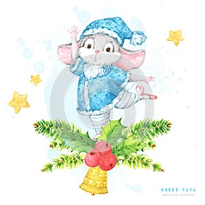 Merry Christmas and Happy 2020 Year illustration in square format on white background. Cute hand painted watercolor cartoon dancin