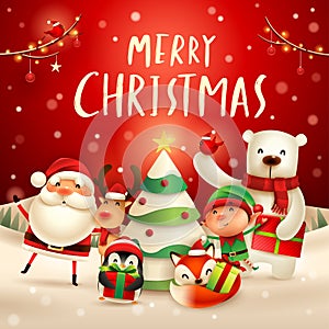 Merry Christmas! Happy Christmas companions. Santa Claus, Reindeer, Elf, Polar Bear, Fox, Penguin and Red Cardinal Bird in Christ photo