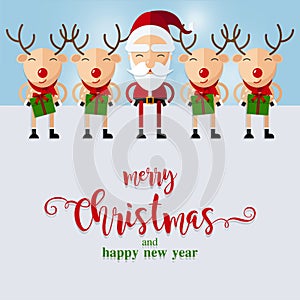 Merry Christmas Happy Christmas companions. Santa Claus, Snowman, Reindeer and elf