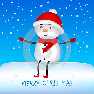 Merry Christmas! Happy Christmas Snowman sit on big signboard with Red Scarf and SantaÃ¢â¬â¢s Cap.