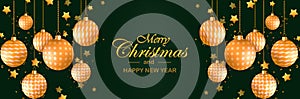 Merry christmas and happy holiday. new year horizontal xmas dark green background with golden bright balls,