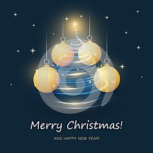 Merry Christmas, Happy Holidays Card with Christmas Balls - Cold Blue Christmas Tree Shape Made from Bright Spiralling Light