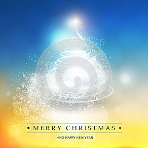 Merry Christmas, Happy Holidays Card - Christmas Tree Shape Made from Bright Spiralling Light on Blue and Golden Background