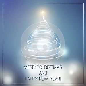 Merry Christmas, Happy Holidays Card - Christmas Tree Shape Made from Bright Spiralling Light on Blue and White Background