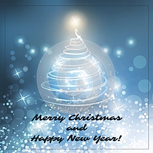 Merry Christmas, Happy Holidays Card - Christmas Tree Shape Made from Bright Spiralling Light on Blue and White Background