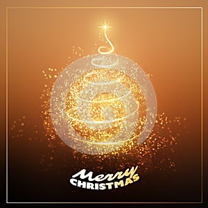 Merry Christmas, Happy Holidays Card - Christmas Tree Shape Made from Bright Spiralling Light on Brown and Golden Background