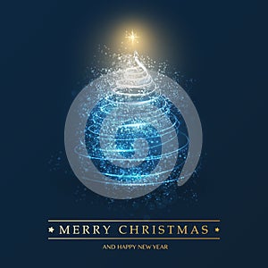 Merry Christmas, Happy Holidays Card - Christmas Tree Shape Made from Bright Spiralling Light on a Dark Blue Background