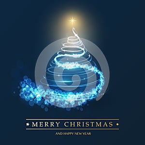 Merry Christmas, Happy Holidays Card - Christmas Tree Shape Made from Bright Spiralling Light on a Dark Blue Background