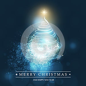 Merry Christmas, Happy Holidays Card - Christmas Tree Shape Made from Bright Spiralling Light on a Dark Blue Background