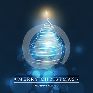 Merry Christmas, Happy Holidays Card - Christmas Tree Shape Made from Bright Spiralling Light on a Dark Blue Background