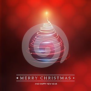 Merry Christmas, Happy Holidays Card - Tree Shape Made from Bright Spiralling Light on Red Dark Background