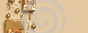Merry Christmas and Happy Holidays greeting card. Beautiful golden gift balls ribbons confetti stars on gold background