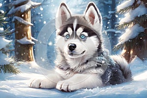 Merry christmas and happy holidays greeting card. Cute husky puppy in the winter forest